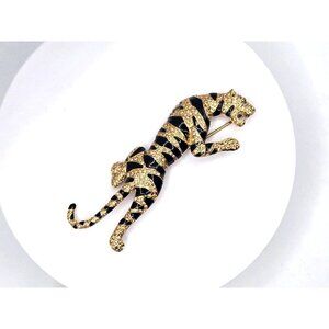 Vintage CORALEE signed climbing Rhinestone and Enamel Tiger Brooch 3.5"